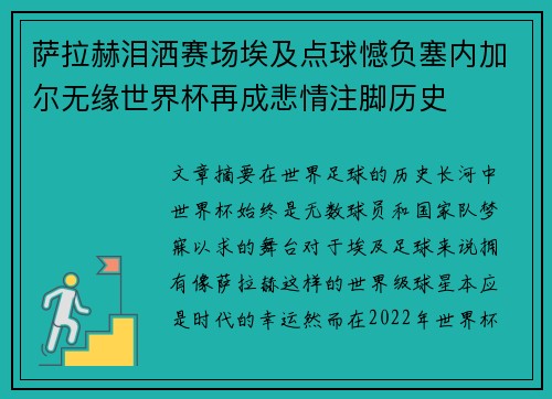 萨拉赫泪洒赛场埃及点球憾负塞内加尔无缘世界杯再成悲情注脚历史